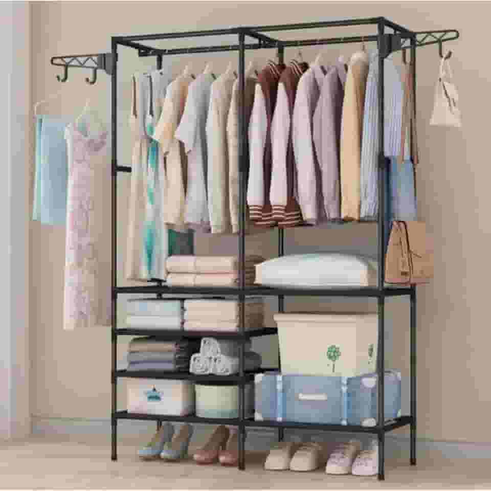 Arara Guarda-Roupa Portátil com Prateleiras, Organizador de Roupas com Cabideiro, Estrutura de Metal Preta, Armário Multiuso para Closet