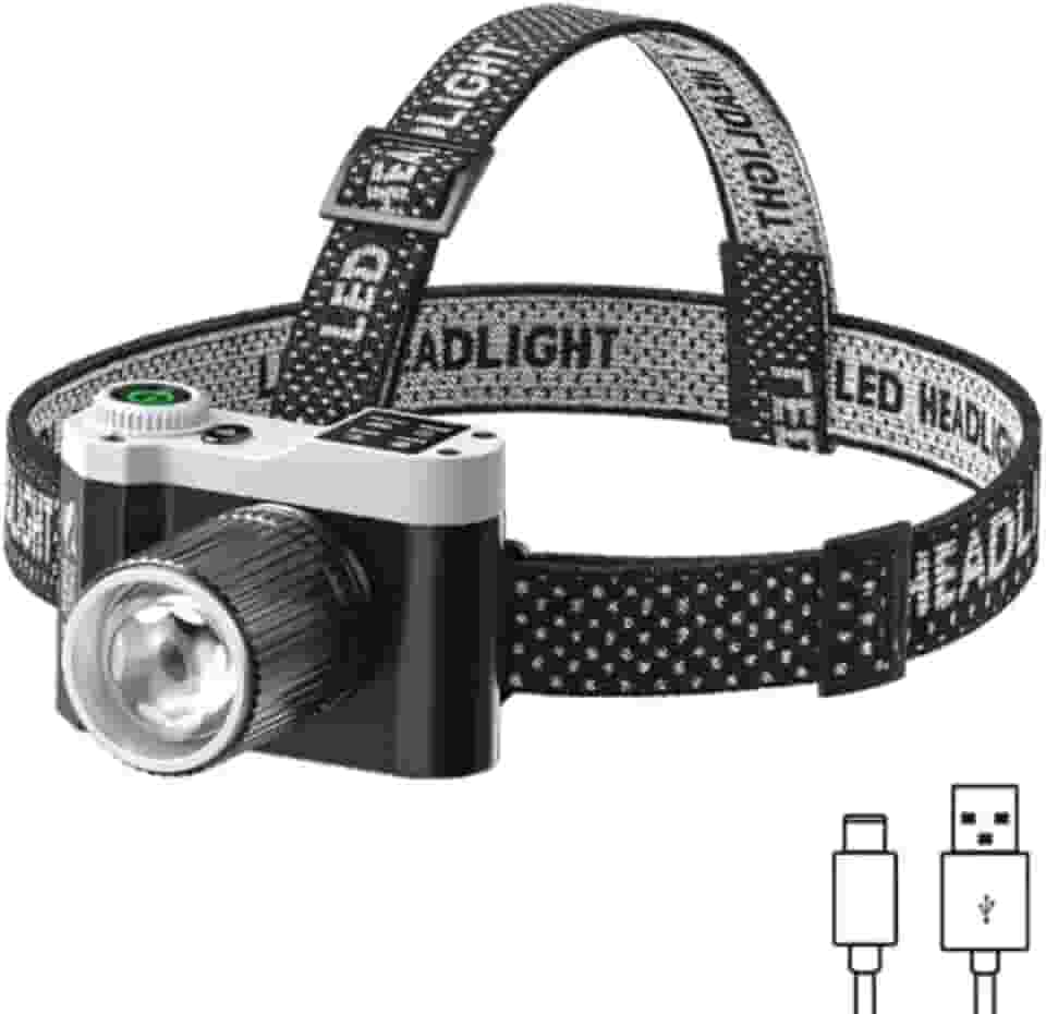 Lanterna de Cabeça LED Recarregável com Zoom Ajustável Foco Regulagem de Inclinação até 90 Graus Fita Ajustavel Ciclismo Pesca Bike Caminhada Acampamento Corrida