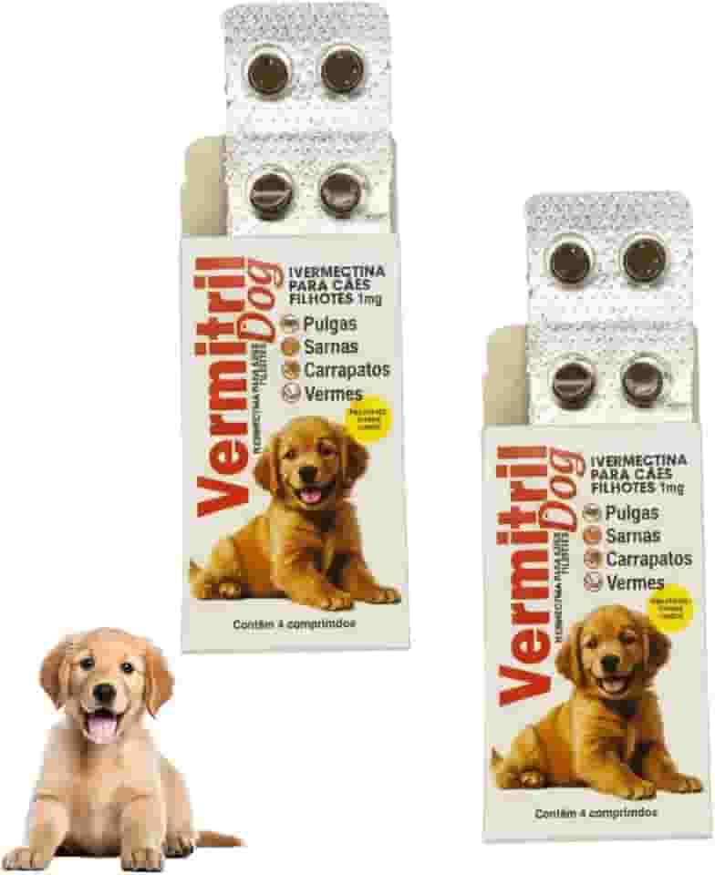 Vermitril Dog Filhotes - Anti Pulgas, Carrapatos, Vermes, Sarnas - 8 Comprimidos (Cães até 3kg)