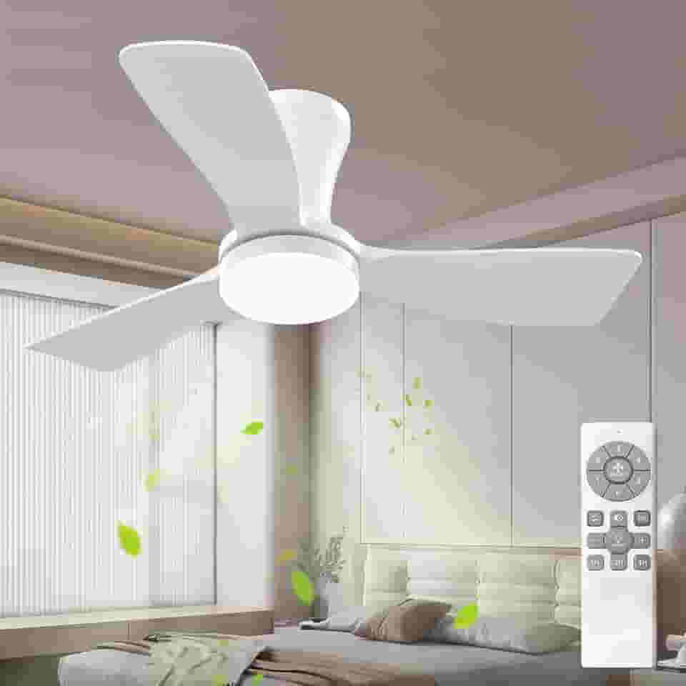 Ventilador de Teto Branco de Três Pás de 91 cm com Luz LED, Motor DC Silencioso, Controle Remoto, 6 Velocidades, 100V-240V, Função Reversível e Instalação Flush Mount