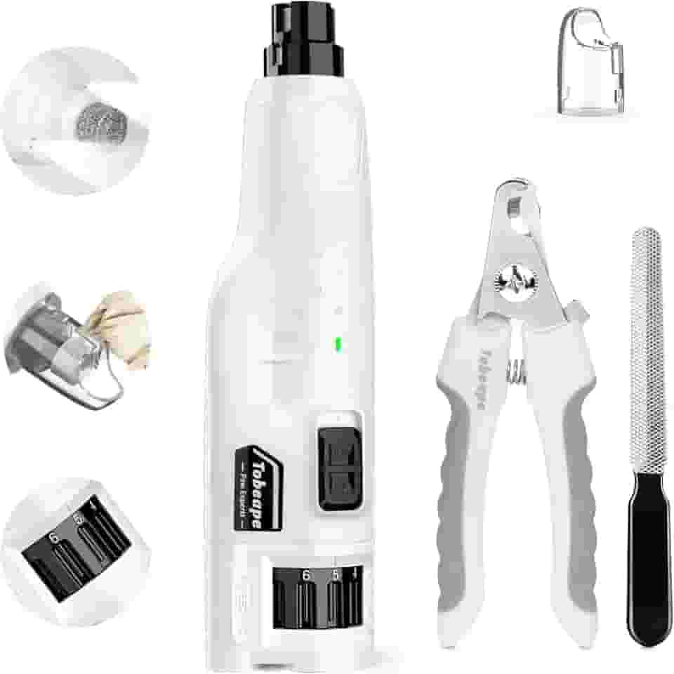 Tobeape Lixador de Unhas para Cães e Gatos, 6 Velocidades Silencioso Recarregável com Copo de Pó e 2 Luzes LED, Kit Profissional com Cortador e Lima para Pets Grandes e Pequenos