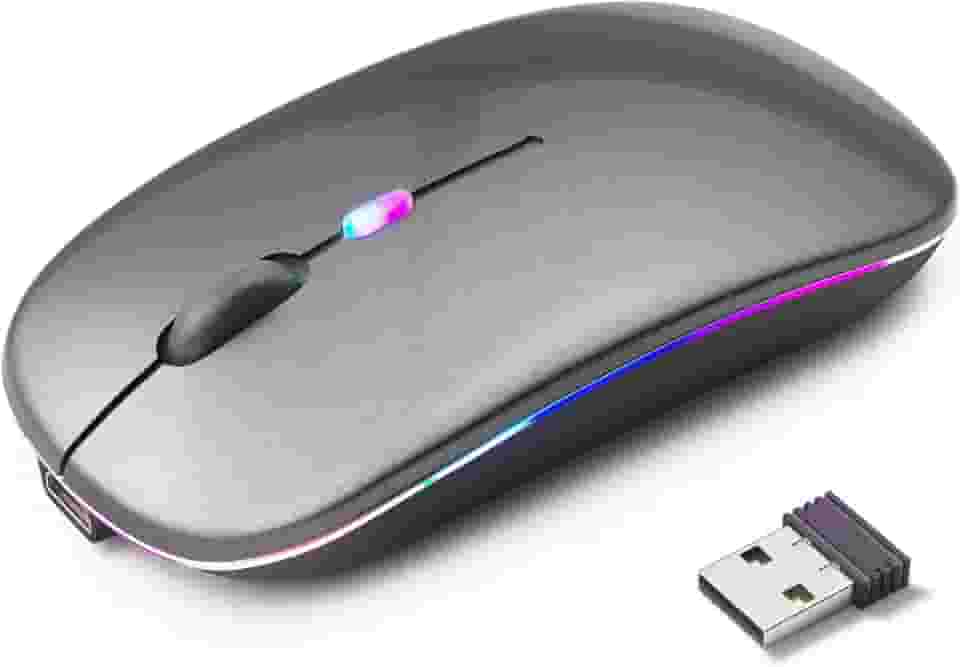 Mouse Sem Fio Recarregável, Ergonômico, com Led RGB, Conexão Dual Bluetooth 5.0/USB 2.4GHz, DPI Ajustável, perfeito para Notebook, Laptop,PC, Desktop, Silencioso (Cinza)