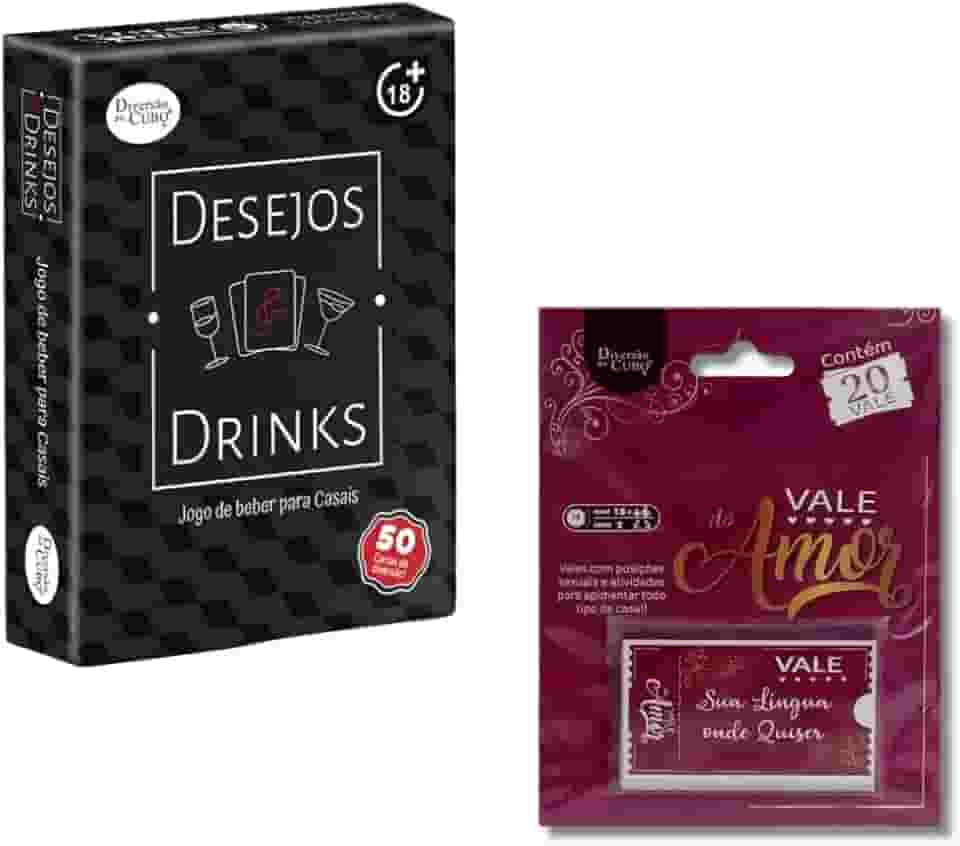Kit Jogo Erótico Desejos e Drinks Jogo de Cartas + Vale do Amor Raspadinha Casal 20 Vales