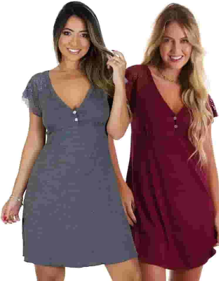 Kit com 2 Camisolas em Viscose com Detalhes Renda Estilo Camiseta Noite Dormir Amamentação Maternidade