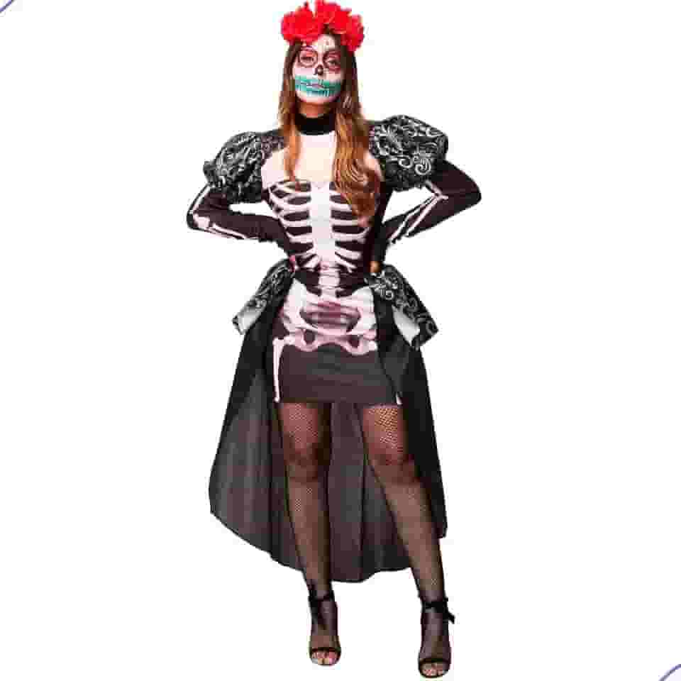 Fantasia Feminina de Halloween Rainha Caveira Mexicana Adulta Vestido de Luxo Esqueleto Com Cauda