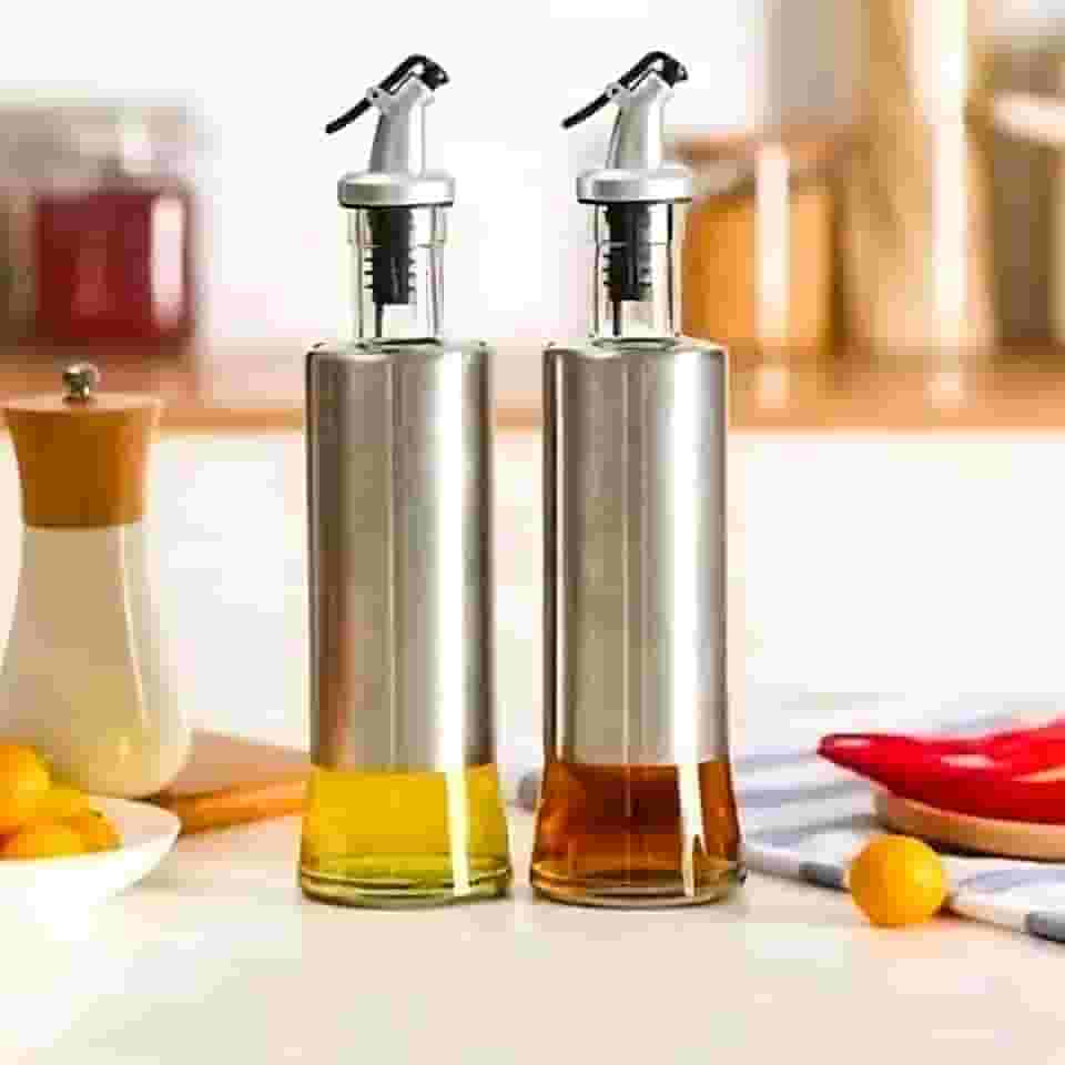 Kit 2 Galheteiros para Azeite e Vinagre em Aço Inox e Vidro, 300ml, Bico Dosador, 25 x 6 cm