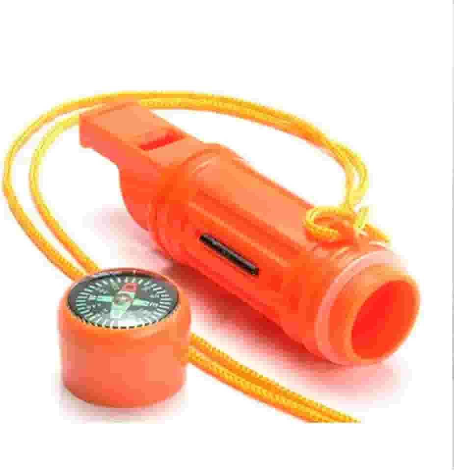 Kit de Sobrevivência 4 em 1, Apito de Emergência com Bússola, Pederneira e Espelho Sinalizador, Laranja, para Camping, Trilhas e Situações de Emergência