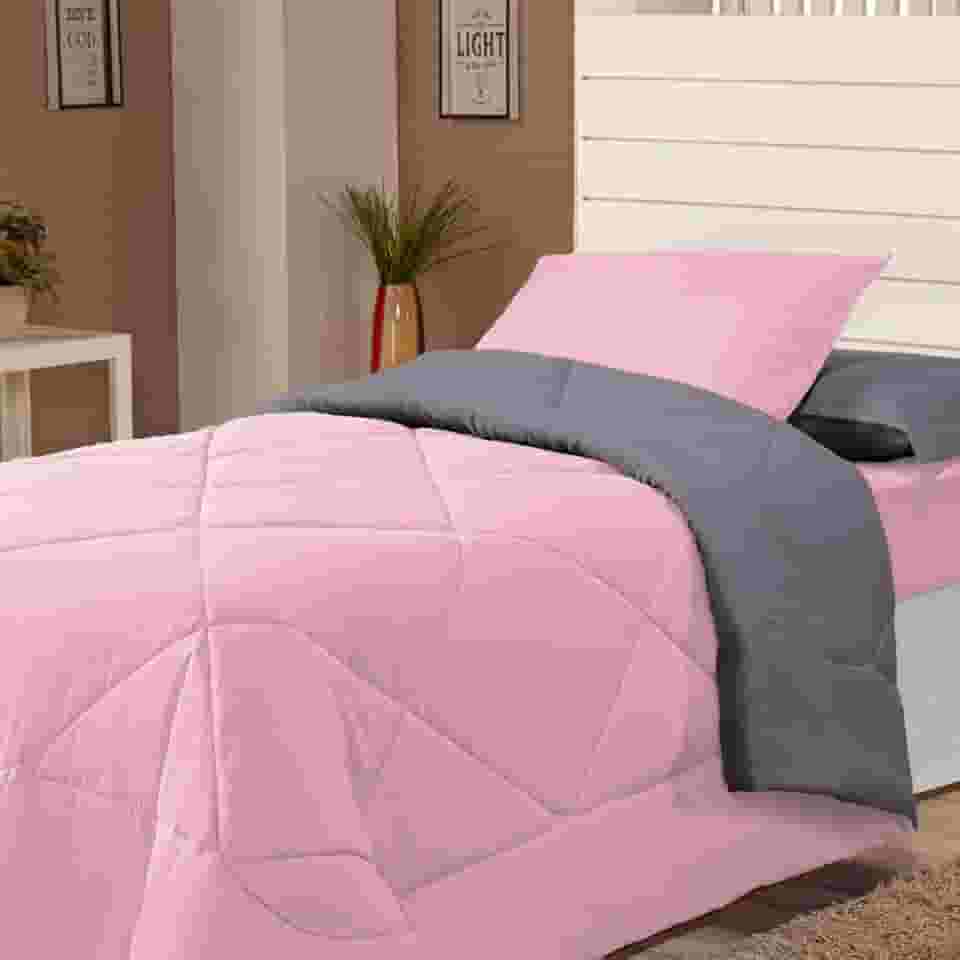 Edredom Avulso Solteiro Coberdrom Cobertor Margarida (Rosa e Cinza)