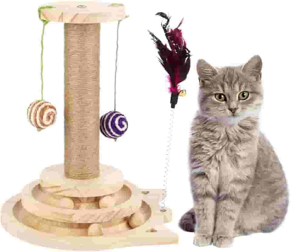 Brinquedo para gatos com arranhador de sisal, bolas penduradas e trilhos de duas camadas, poste interativo para arranhões e brinquedos de madeira para gatos e gatos em ambientes internos