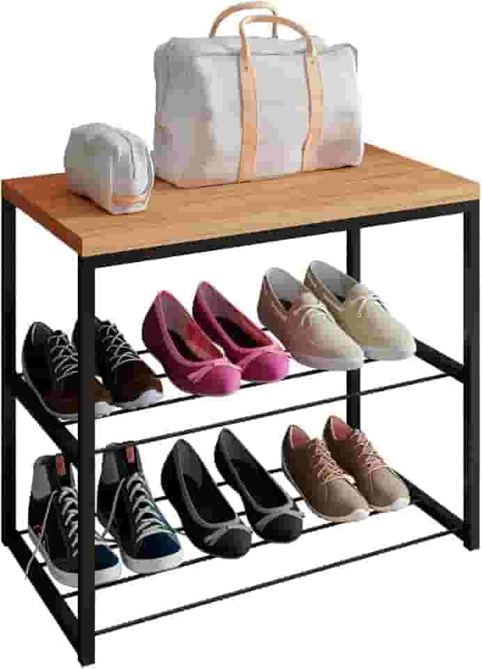 Sapateira Banco Industrial Para Hall/Closet/Quarto 2 Prateleiras em Chapa de Aço - LH Móveis (Cedro)