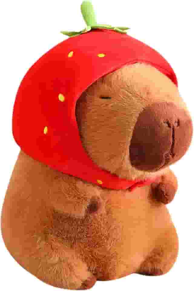Capivara de Pelúcia - Macia Usando Chapéu de Morango, Almofada Super Fofa, Boneca de Morango, Presente para Crianças