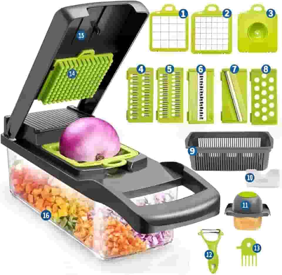 Cortador e Processador Manual 16 em 1 de Legumes, Verduras, Frutas e Queijos - Picador, Fatiador, Ralador Multifuncional com Recipiente, Acessórios de Cozinha Prática e Segura