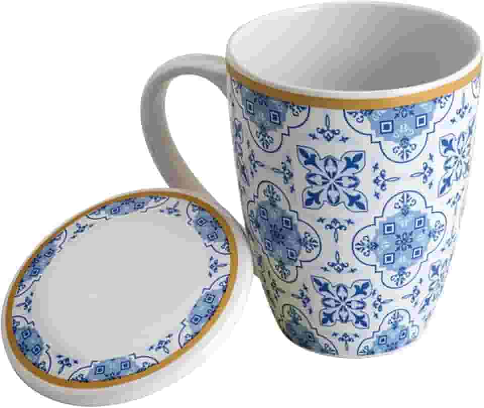 LYOR - Caneca de Porcelana Super White com Tampa e Filtro Lisboa Azul/Branca 340ml