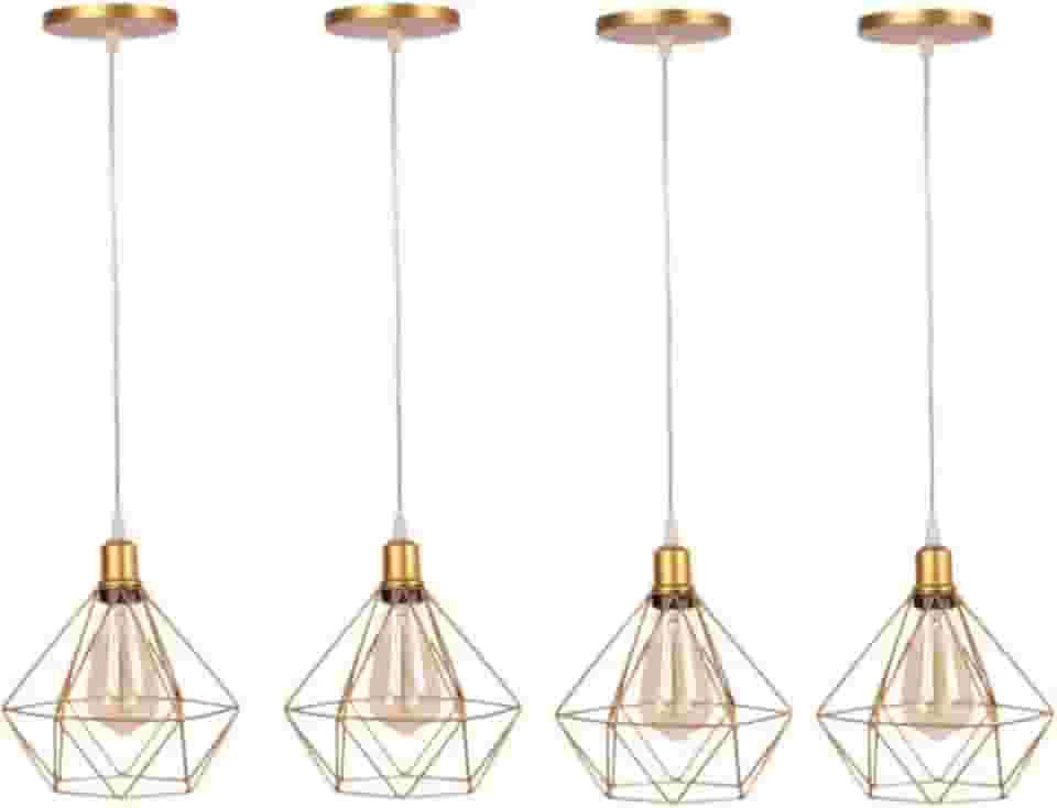 Pendentes Aramado Diamante Dourado Com Cabo 1 Metro Regulável Kit Com 4