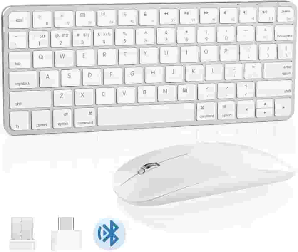 Teclado e mouse 5 em 1 de alumínio para teclados sem fio Mac, mouse recarregável por Bluetooth, compatível com iMac, MacBook, iPad e todos os dispositivos MacOS, iOS, Windows e Android