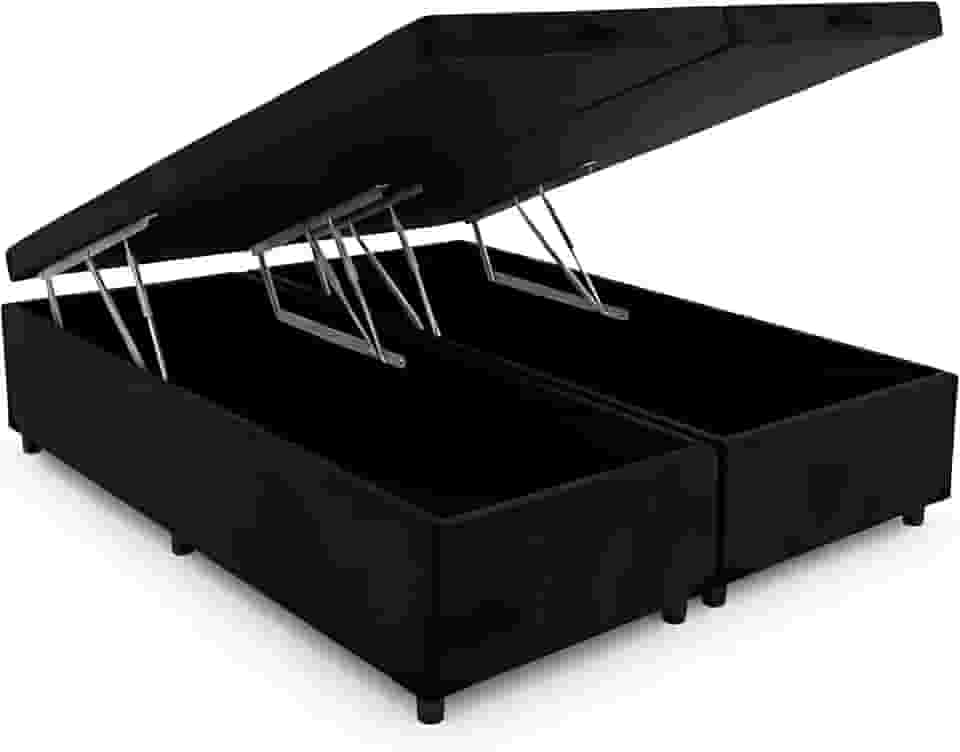 Cama Box Baú Queen Bipartido 79, Blindado, Pistão á Gás, Pés de Madeira (Suede, Preto)