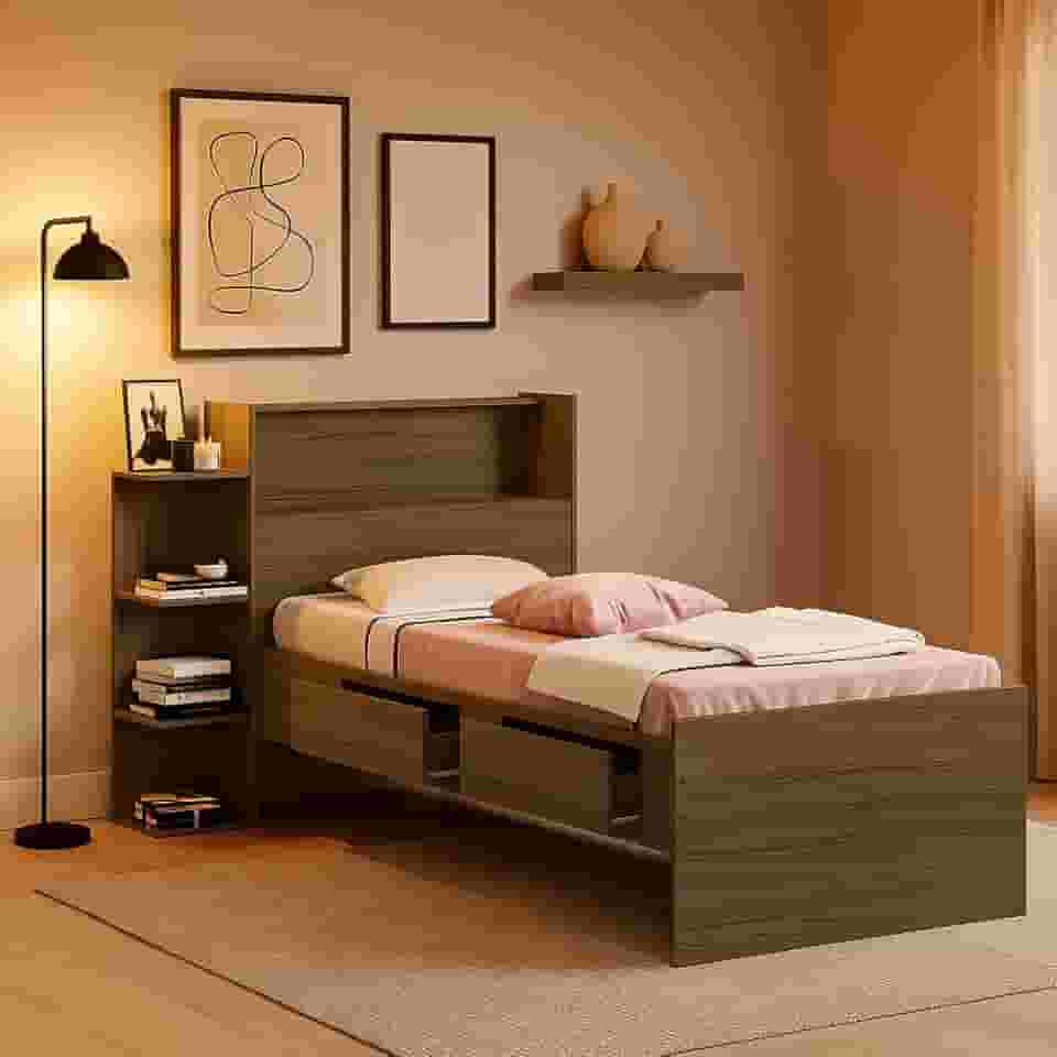 Cama Solteiro Isa Com Baú e Nichos (Castanho)