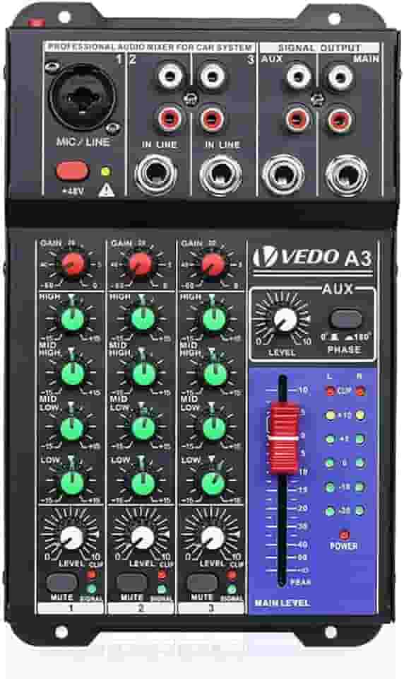 A3 Console de mixagem de som 3 canais,48v de alimentação phantom sistema estéreo Adequado para uso em carros, microfones, instrumentos musicais ou equipamentos de áudio (CD players), computadores