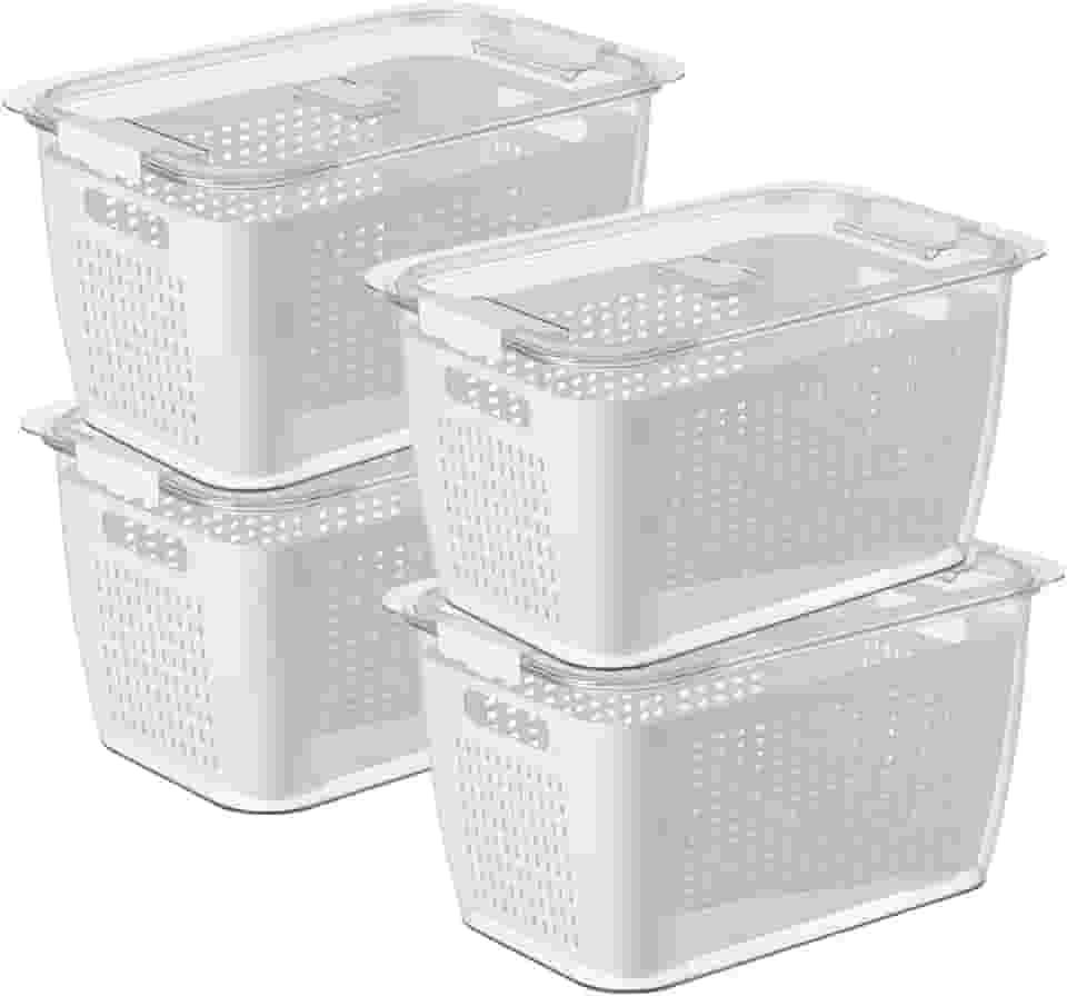 Recipientes Organizadores de Geladeira com Escorredor Removível – Potes Herméticos para Frutas, Legumes e Carnes – Livre de BPA, Empilháveis, Laváveis na Lava-Louças (Kit 4)