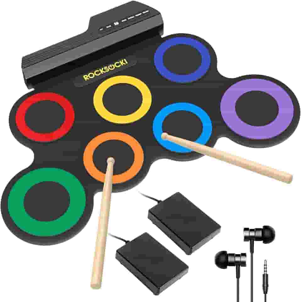 Conjunto de bateria elétrica ROCKSOCKI, conjunto de bateria eletrônica infantil de 7 almofadas com fone de ouvido incluído, bloco de prática de bateria enrolável, ótimo feriado de Natal para crianças