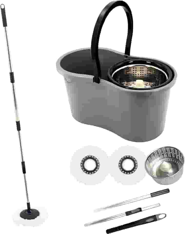 Mop Giratório 360° com Cesto Inox Capacidade 9 Litros no balde, Esfregão para Limpeza Lava e Seca com 2 Refis de Microfibra Premium plus