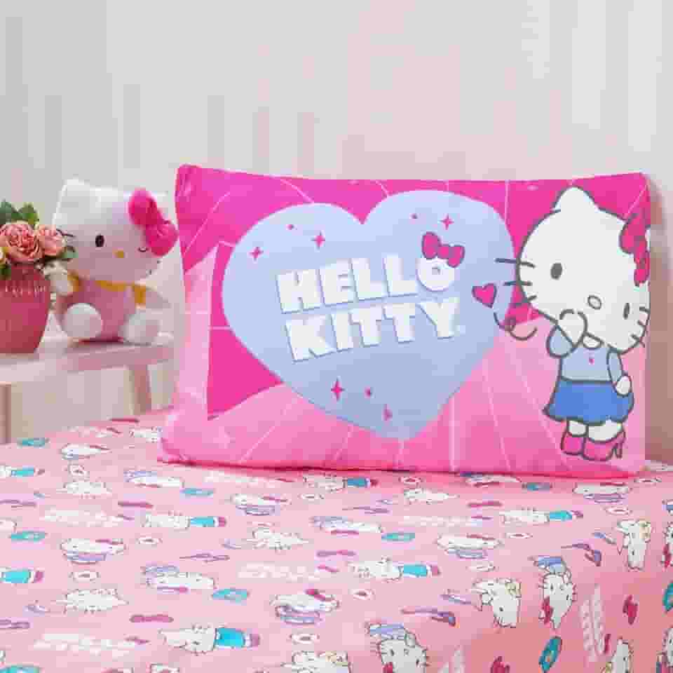 Jogo de Cama Solteiro Infantil Lençol Menina Hello Kitty 2 Peças Estampado Personagens - Com Elástico (Hello Kitty Escuro)