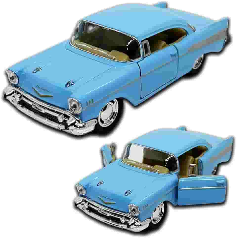 Miniatura de carro Chevrolet Bel Air 1957, Escala 1/40, Kinsmart, Carrinho de ferro em metal com Fricção, 13 CM, Abertura de portas laterais e Pneus em Borracha (Azul Bebê)