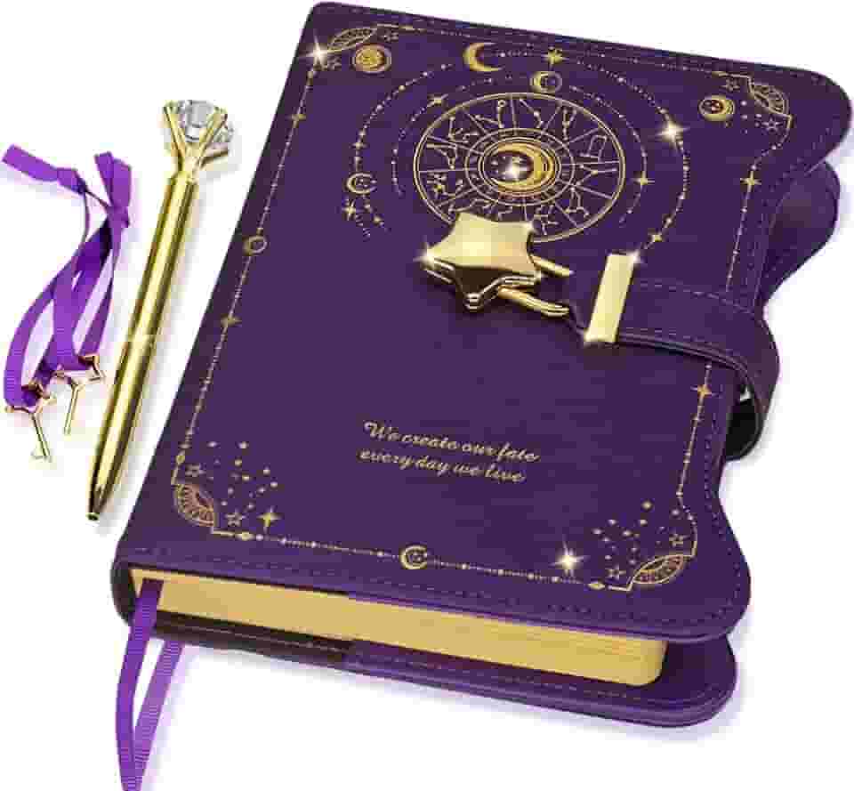 Diário com cadeado e chaves para meninas, ideias de presente, diário de 360 páginas Kraft para mulheres, caderno recarregável B6 para escrever com caneta e marcador de página (Astro Purple)
