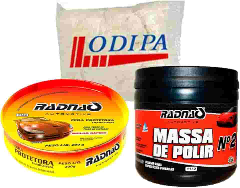 Kit Polimento Automotivo Massa De Polir N°2 500g Tira Risco + Cera Protetora Tradicional 200g RADNAQ + Estopa Odipa