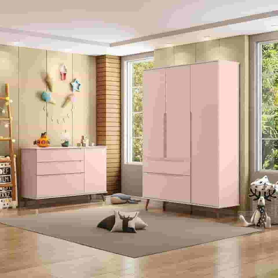 Jogo de Quarto Para Bebê Completo Melinda com Roupeiro e Cômoda Rose