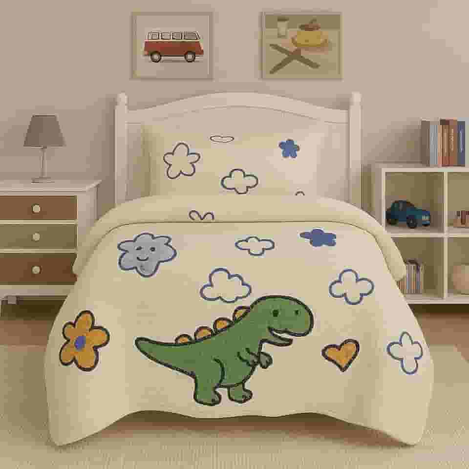 Kit Colcha Infantil com Porta-Travesseiro, Solteiro, 160x240cm, Estampas Divertidas para Meninos e Meninas (DINO)
