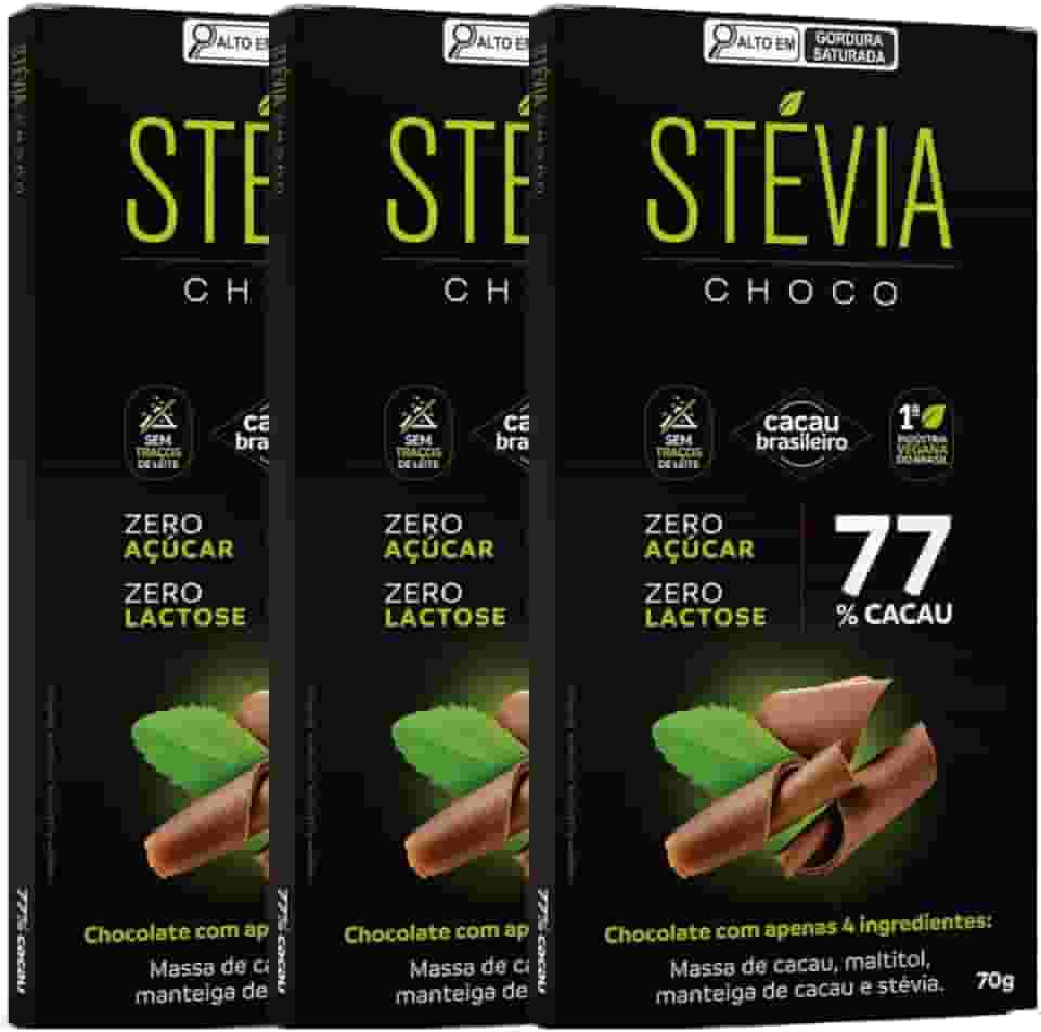 Kit com 3 Unidades de Chocolate 77% Cacau Zero Acucar Zero Lactose de 70g cada - Stevia Choco