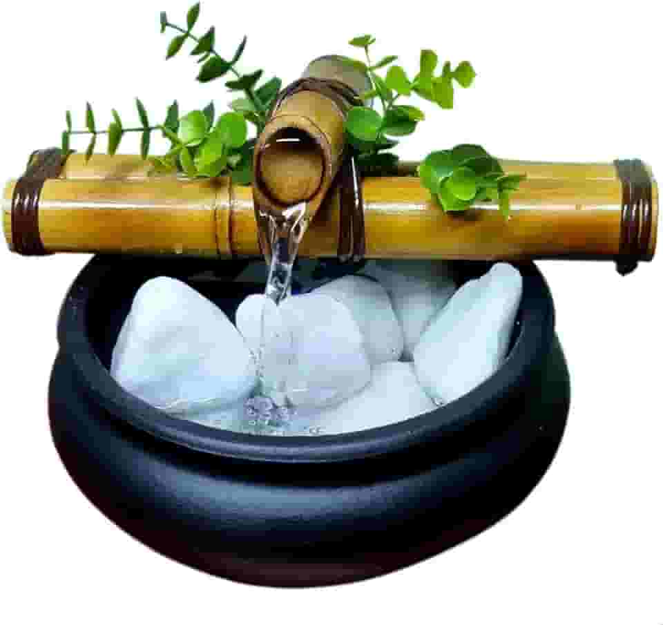 Fonte de Água Decorativa de Mesa Bacia com Bambu Natural Feng Shui Chafariz