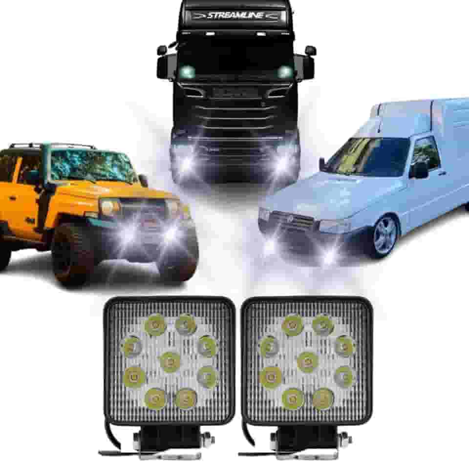 Par Farol de Milha Auxiliar Universal Quadrado 12v 24v 27w Carro Caminhao