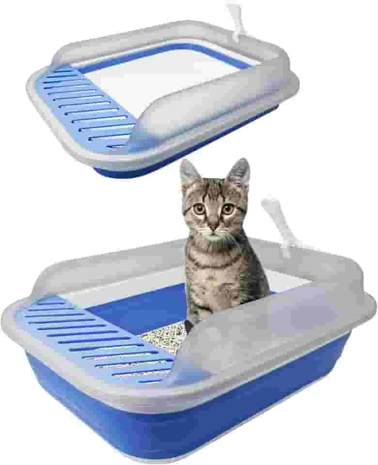 VCEPJH Caixa de areia dobrável com laterais altas panela de areia para gatos pequenos com colher aberta caixa de areia para gatos kit de iniciação para gatos adultos gatos idosos (azul)