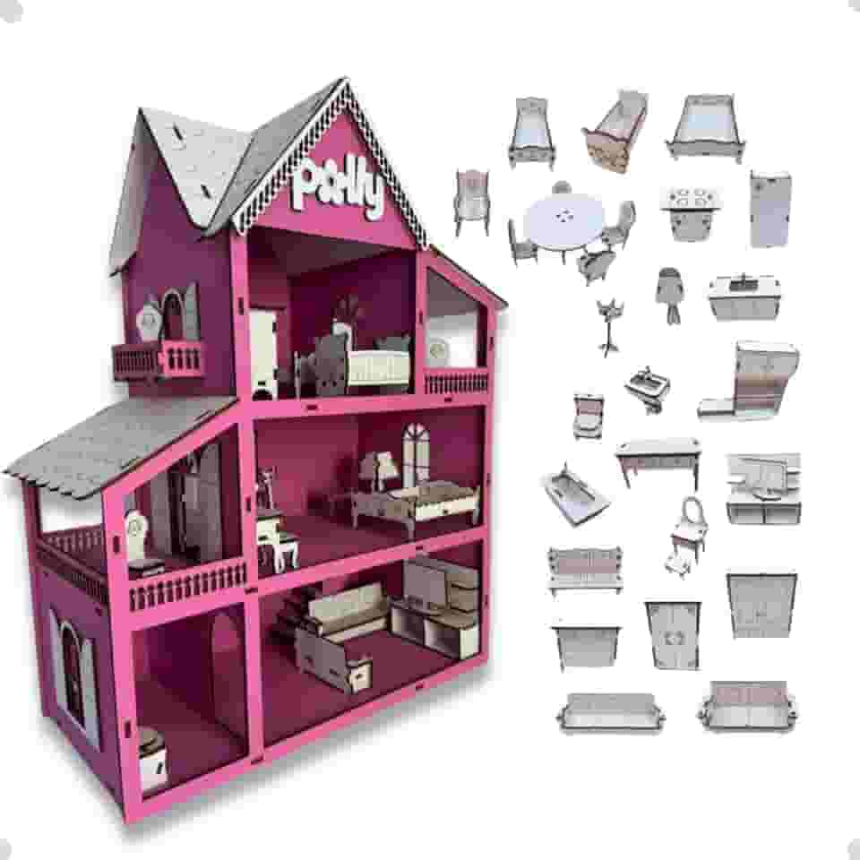 Casinha De Boneca Grande 60cm De Madeira mdf + Kit Mini Moveis 30 peças