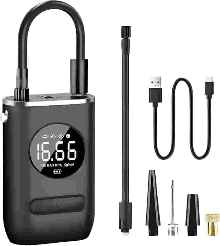 Calibrador Portátil Digital Recarregável 4000 mAh Mini Bomba De Ar Compressor 150 PSI Com Lanterna LED para Encher Pneus de Carro, Moto, Bike, Bicicleta, Bola e Piscina Inflável Linha Premium