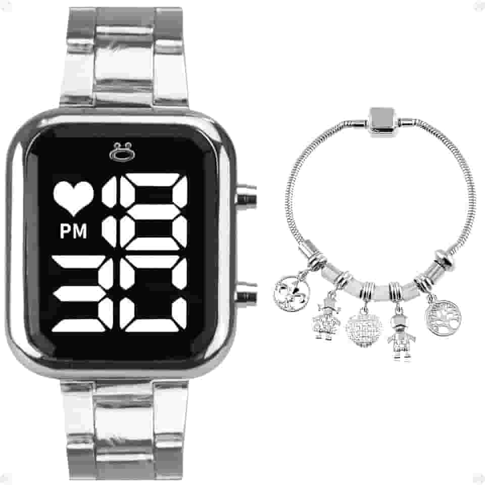 Relogio feminino quadrado digital original inovador tendencia pulseira berloques aço inox com caixa presente kit moda casual social