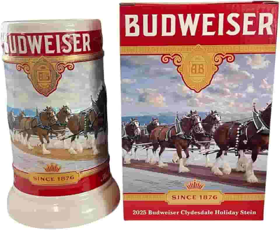 Budweiser Caneca de Cerveja de Cerâmica Edição Limitada 2025 Clydesdale - Presente de Natal para Homens, Pai, Marido - Decoração de Quarto Colecionável para Den, Man Cave, Home Bar The Journey