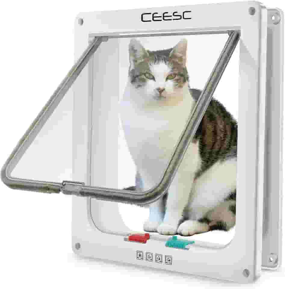CEESC Porta de gato extragrande (tamanho externo 28 cm x 25 cm), porta grande para gatos com trava de 4 vias para portas internas externas, porta de animais de estimação à prova de intempéries para gatos e cães com circunferência < 63 cm (branca)