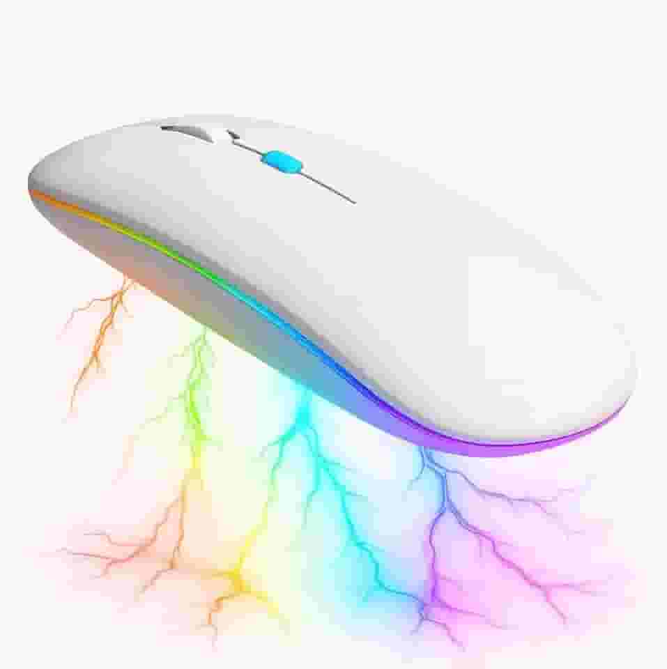 Mouse Sem Fio RGB Recarregável – Silencioso, Ergonômico, Dual Mode Bluetooth 5.0 + USB 2.4GHz e DPI Ajustável – Branco