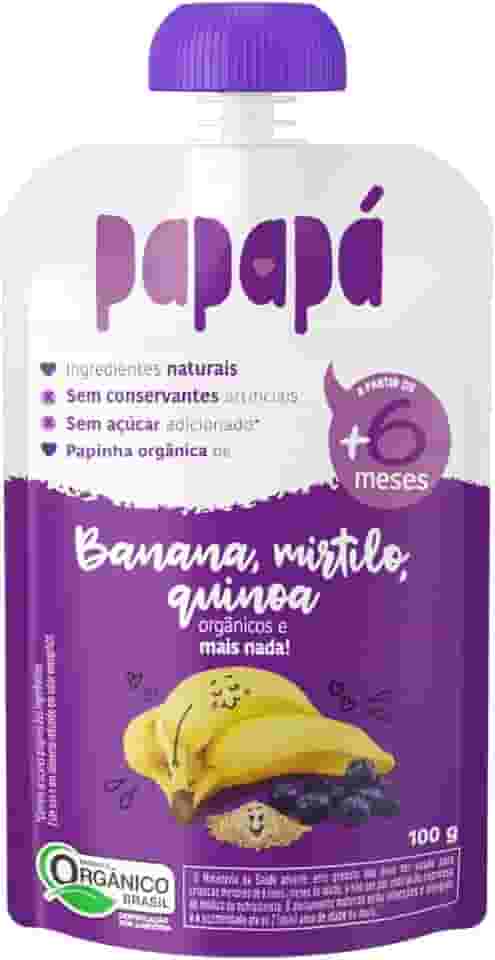 Papapá, Papinha Orgânica de Frutas, Sabor Banana, Mirtilo e Quinoa, 100g, Sem Açúcar Adicionado, Ingredientes Naturais
