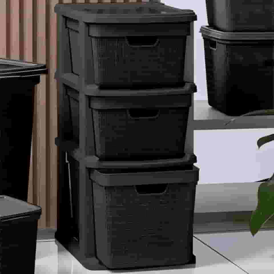 Gaveteiro Organizador Grande de Chão com 3 Gavetas 15-15-22 Litros em Plástico Juta RVS E-commerce (Preto)