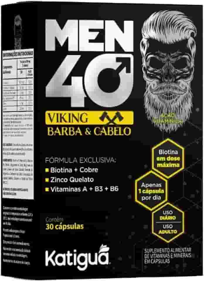 Katiguá Men 40 Viking Barba E Cabelo Com Biotina + Cobre Zinco Quelato Vitamina A + B3 + B6 Sem Sabor Para Homens 30 Cápsulas Rígidas • 30 Doses Preto