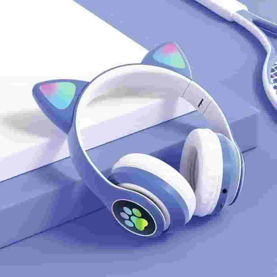 Fone de Ouvido Infantil Bluetooth com Orelhas de Gato, LED RGB, Dobrável, Ajustável, Design Kawaii para Crianças (Azul)
