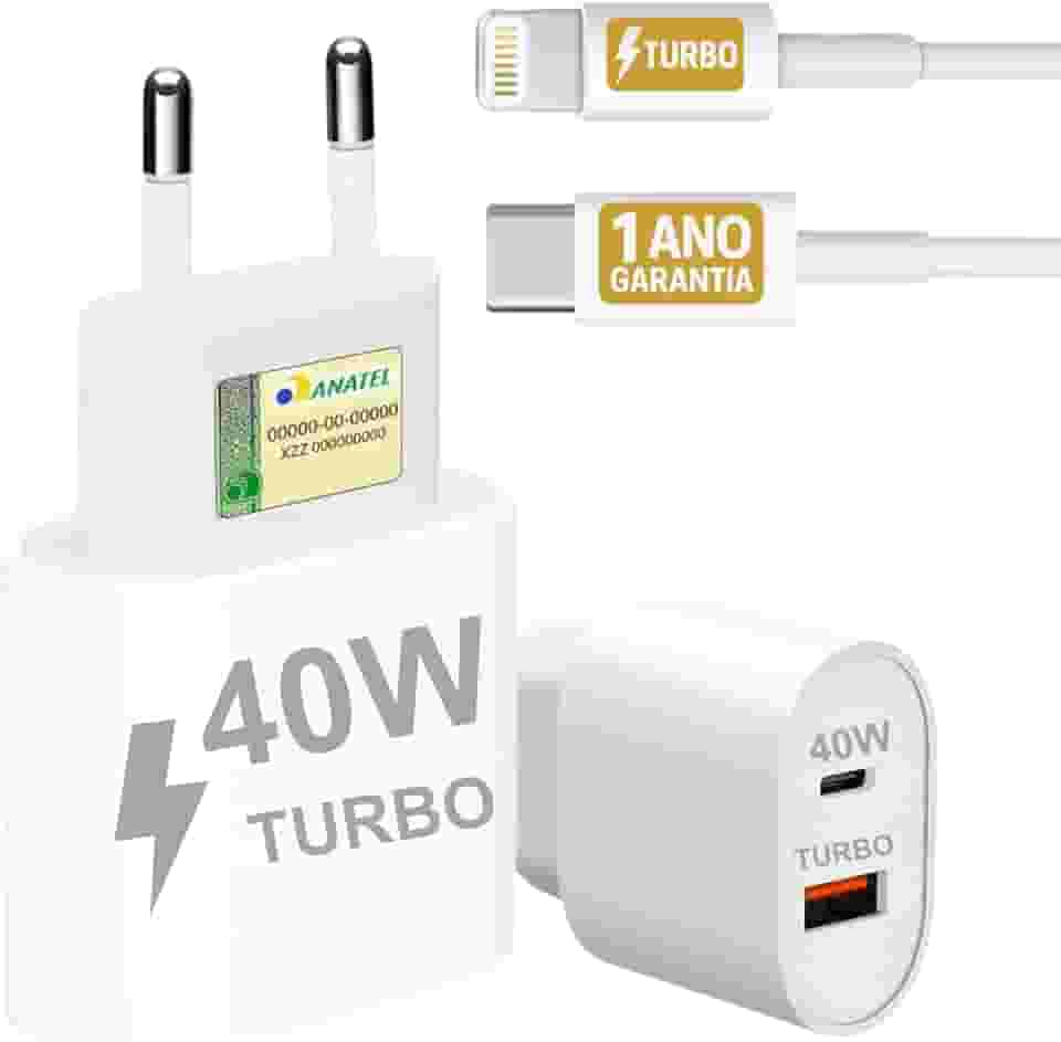 Carregador Turbo 40W Compatível iPhone 7 8 X XR XS 11 12 13 14 Pro Max Plus iPad iOS Cabo USB-C Lightning Duas Saídas USB-A Tipo-C Carga Rápida PD Ultra Resistente Premium Original Potente 10CLICK®