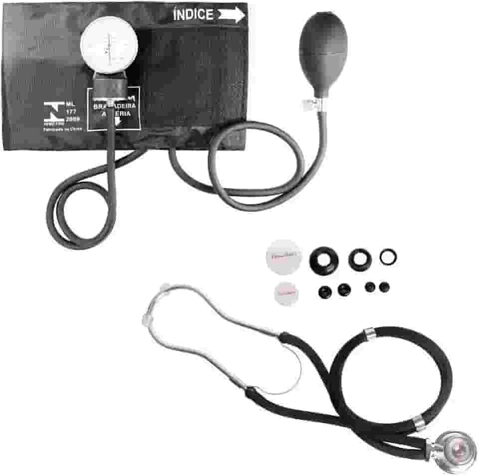 Aparelho Medidor de Pressão Esfigmomanômetro com Braçadeira + Estetoscópio Rappaport Premium - Preto