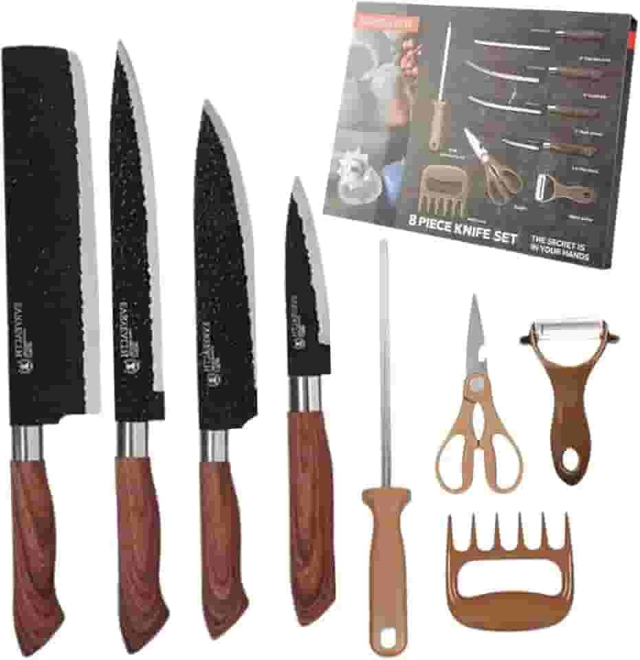 Kit Churrasco 8 Peças, Facas Profissionais em Aço Inox com Revestimento Antiaderente, Tesoura Multiuso e Garfo de Trinchar, Estilo Amadeirado, Ideal para Presente e Uso Gourmet