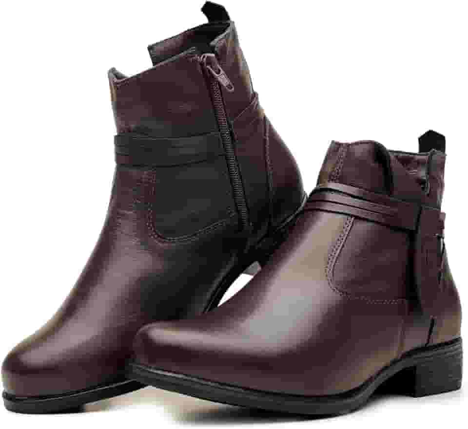 Bota Feminina Cano Curto em Couro Legítimo Coturno com Ziper