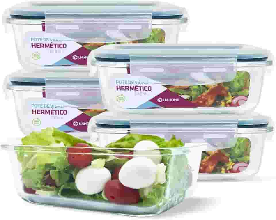 House Organizer Kit 5 Potes de Vidro Retangular com Tampa Hermética 640ml Cor:Azul